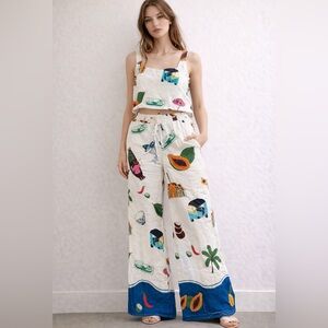 J002. NEW 2 pc set Printed Linen blend  - White with Multicolor Print